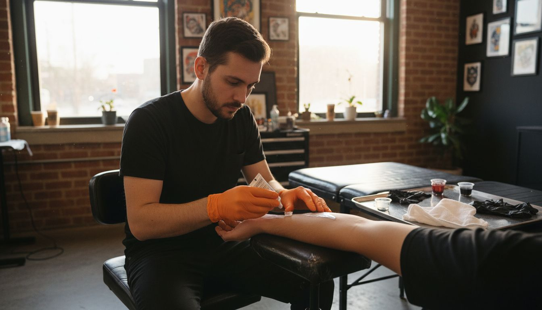 Tattoo artist applying numbing cream in studio