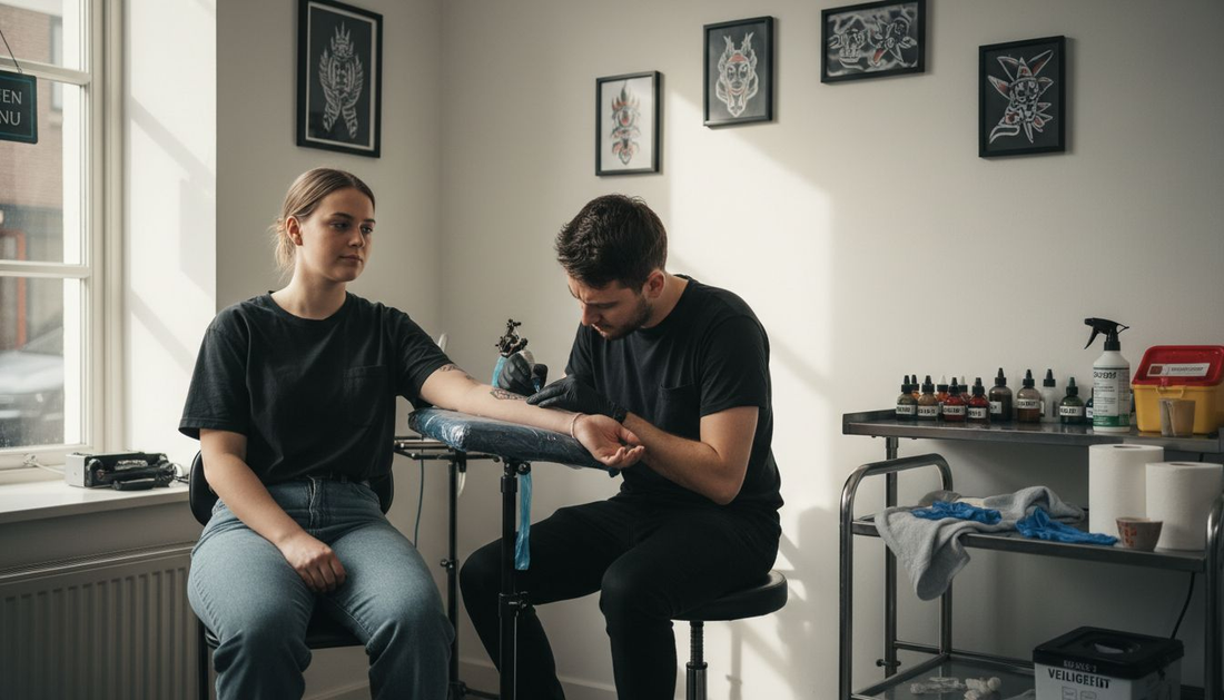 Tattoo-artiest begeleidt klant tijdens pijnbestrijding sessie
