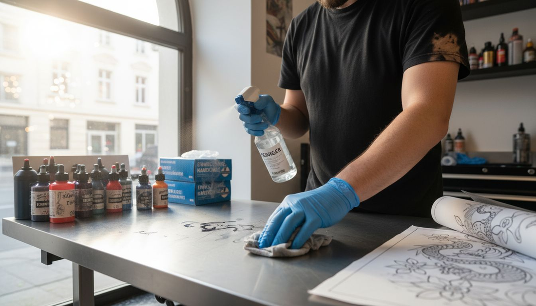 Ein Tätowierer reinigt und desinfiziert sorgfältig die Arbeitsfläche im Studio, um höchste Hygienestandards zu gewährleisten.