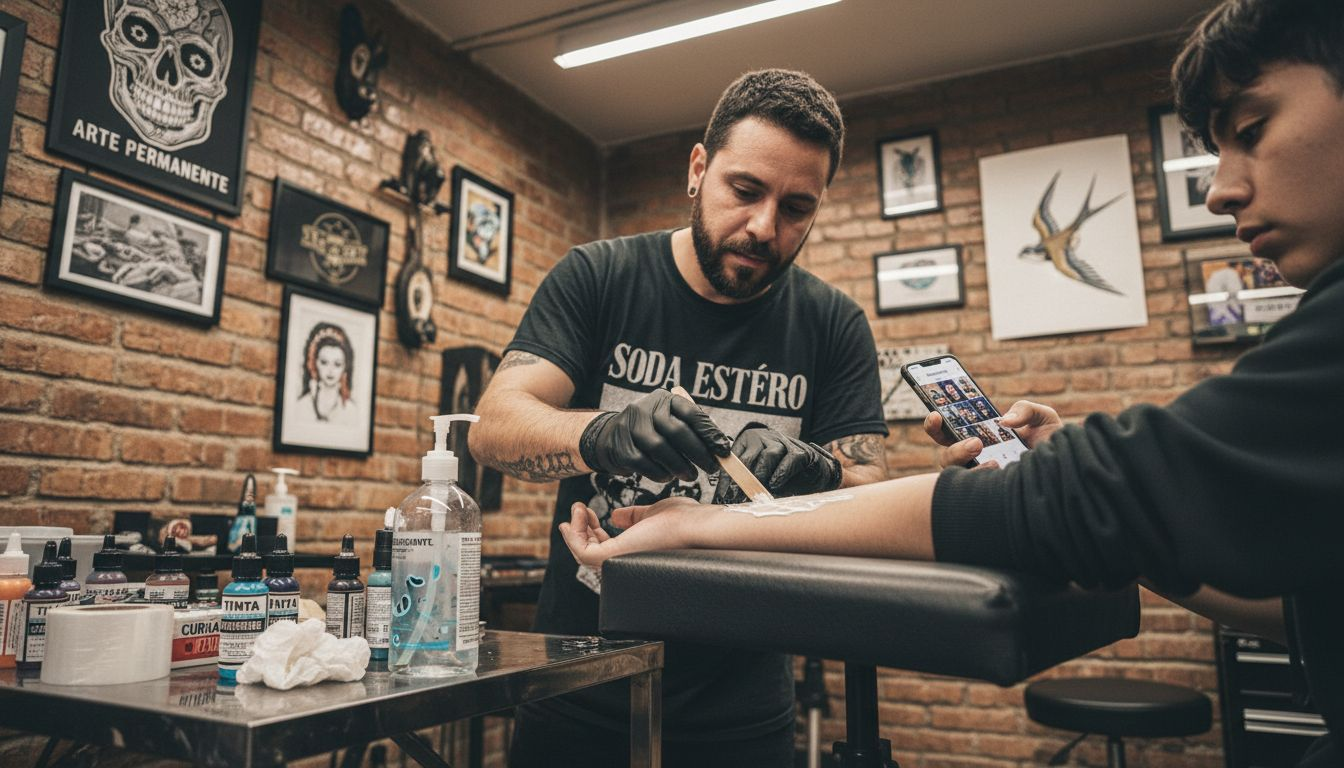 El tatuador le aplica crema anestésica en el brazo al cliente antes de empezar con el diseño.