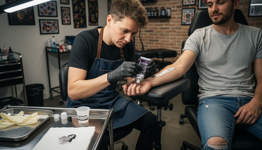 Un tatoueur applique une crème anesthésiante sur l’avant-bras de son client avant de commencer la séance.
