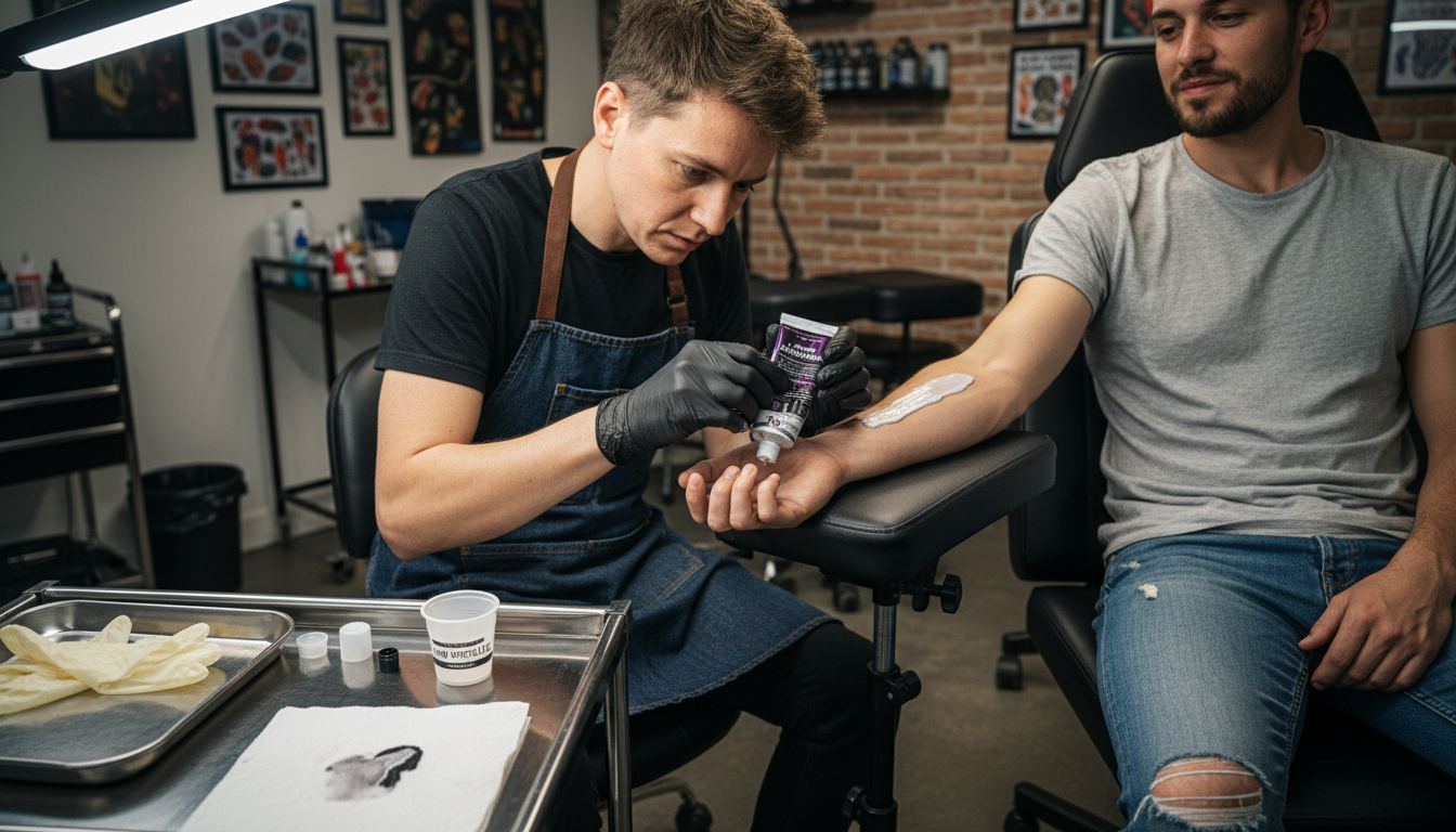 Un tatoueur applique une crème anesthésiante sur l’avant-bras de son client avant de commencer la séance.