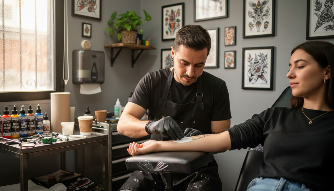 El tatuador aplica una crema sobre la piel del cliente tras terminar el tatuaje.