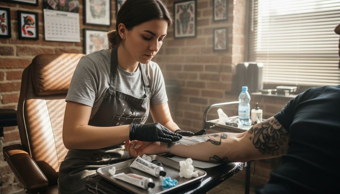 Im Tattoo-Studio trägt der Tätowierer eine betäubende Creme auf.