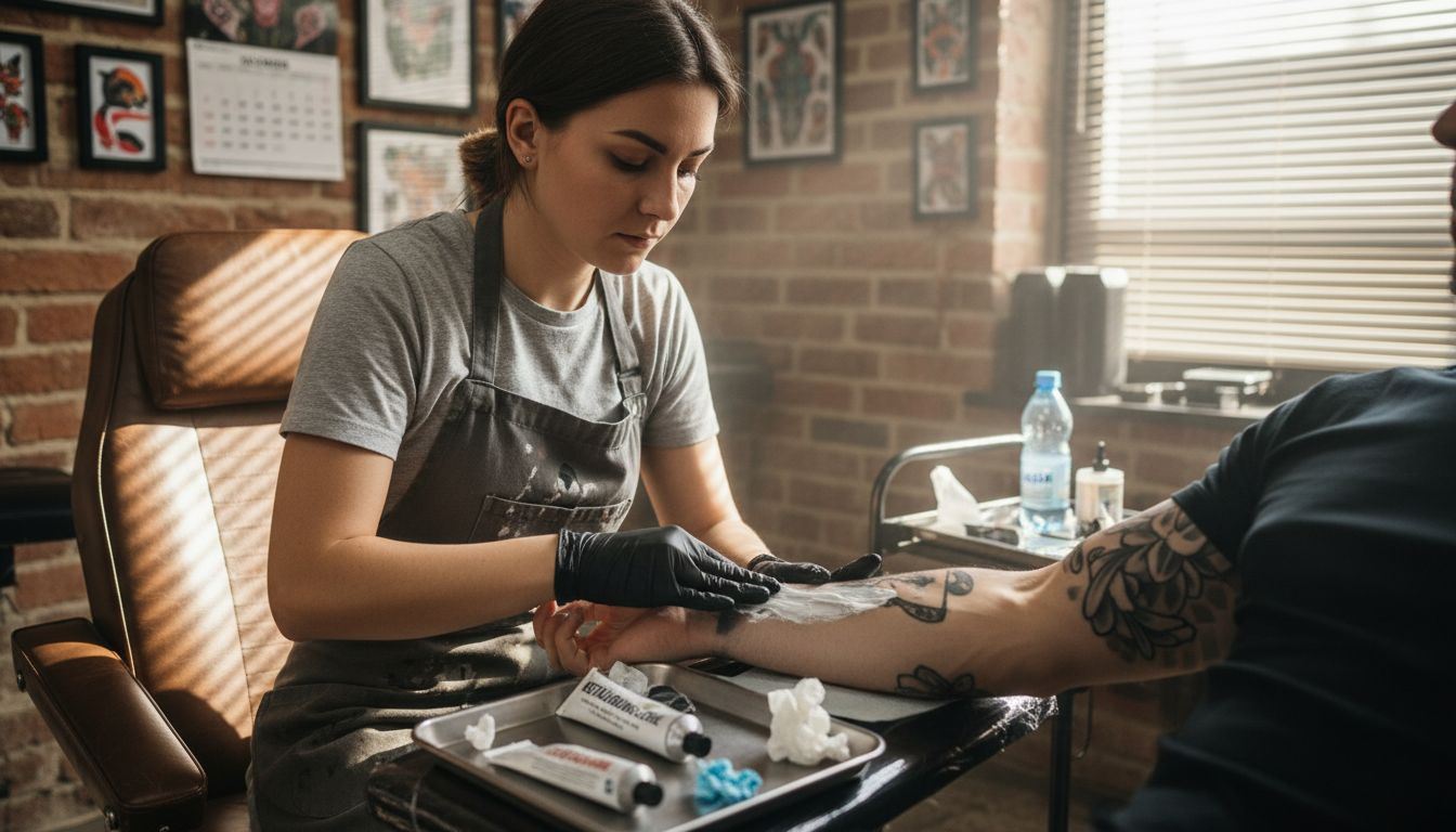 Im Tattoo-Studio trägt der Tätowierer eine betäubende Creme auf.