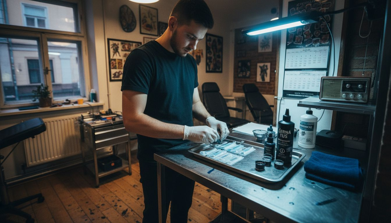 Tatér si pečlivě připravuje čisté a sterilní pracovní místo před začátkem tetování.