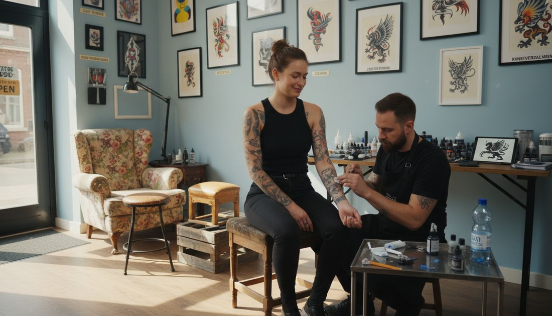 Voorafgaand aan de sessie zat de klant ontspannen in de tattooshop.