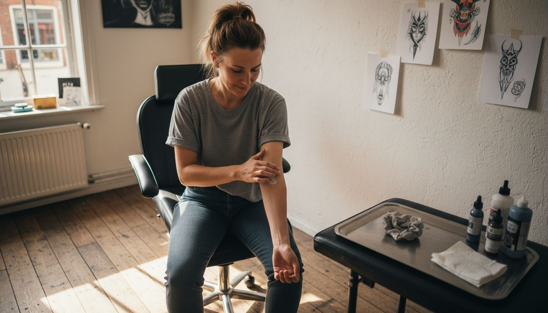 Een vrouw brengt verdovende crème aan in een tattooshop.