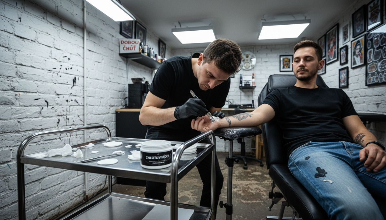 Tatér natírá zákazníkovi kůži znecitlivujícím krémem před tetováním.