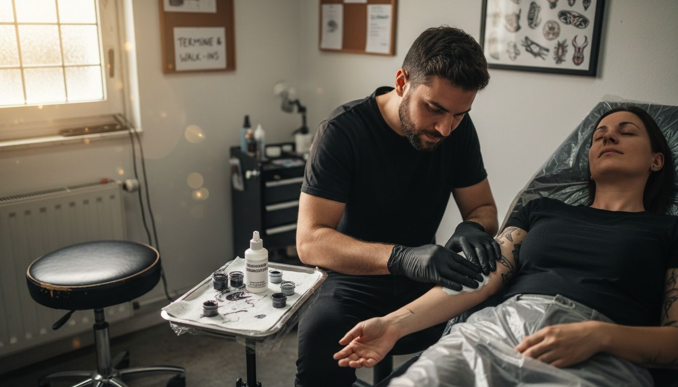 Eine Tätowiererin trägt eine betäubende Creme auf die Haut ihres Kunden auf, um das Stechen angenehmer zu machen.