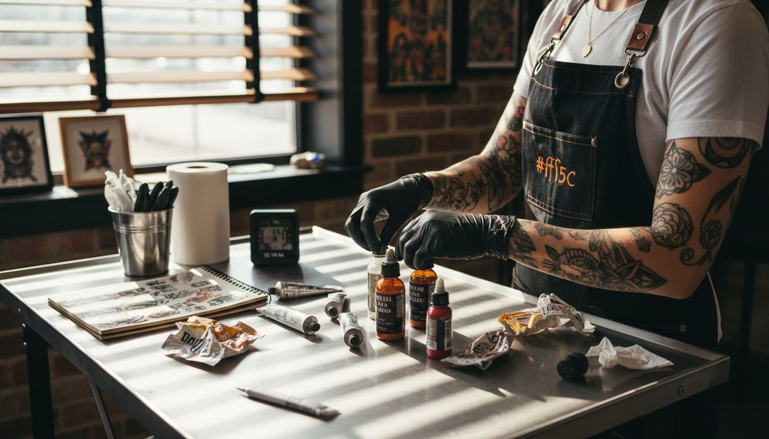 Tattoo artist arranging numbing creams and ink on table