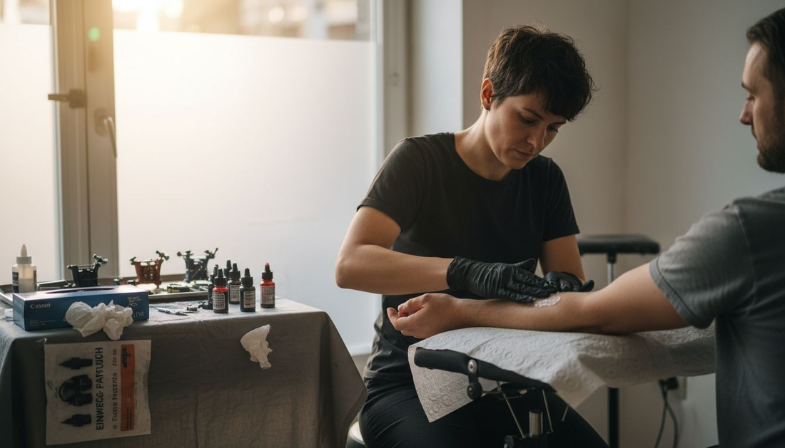 Der Tätowierer trägt eine betäubende Creme auf den Arm auf, um die Haut vor dem Stechen unempfindlicher zu machen.