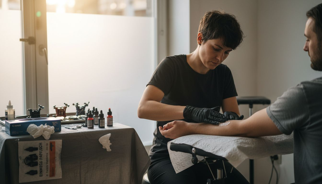 Der Tätowierer trägt eine betäubende Creme auf den Arm auf, um die Haut vor dem Stechen unempfindlicher zu machen.