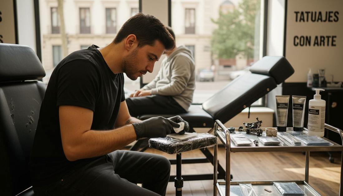 El tatuador revisa la piel del cliente antes de empezar con el tatuaje.