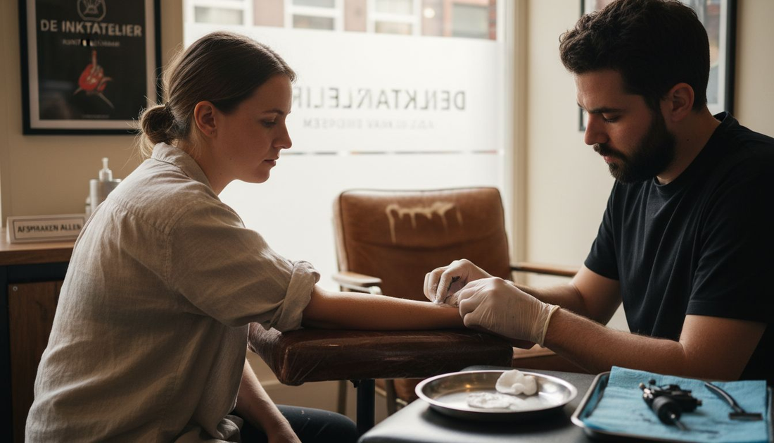 Een tatoeëerder brengt verdovende crème aan op de huid van een klant in de studio.