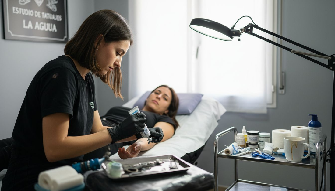 Tatuadora preparando la piel de una clienta con crema anestésica en un estudio pequeño