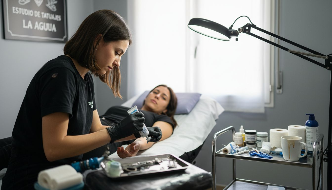 Tatuadora preparando la piel de una clienta con crema anestésica en un estudio pequeño