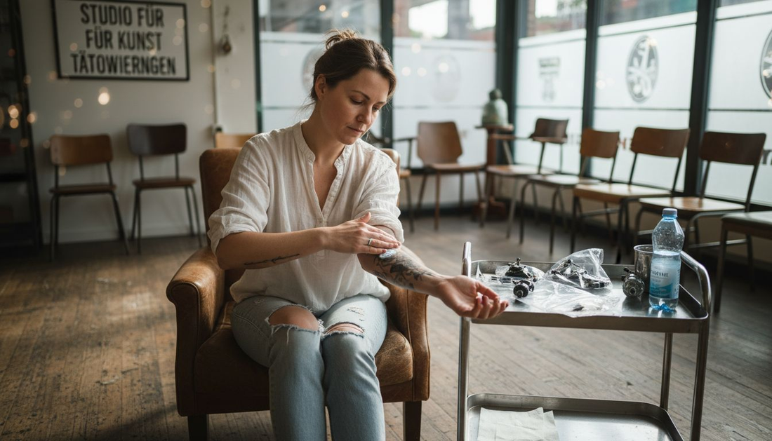 Eine Frau trägt vor ihrem Tattoo-Termin Creme auf die Haut auf.