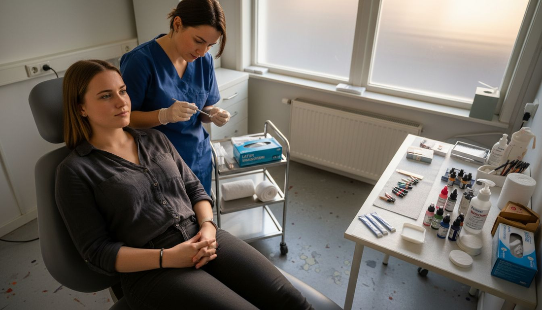 Een klant maakt zich klaar voor de behandeling in de micropigmentatie studio.