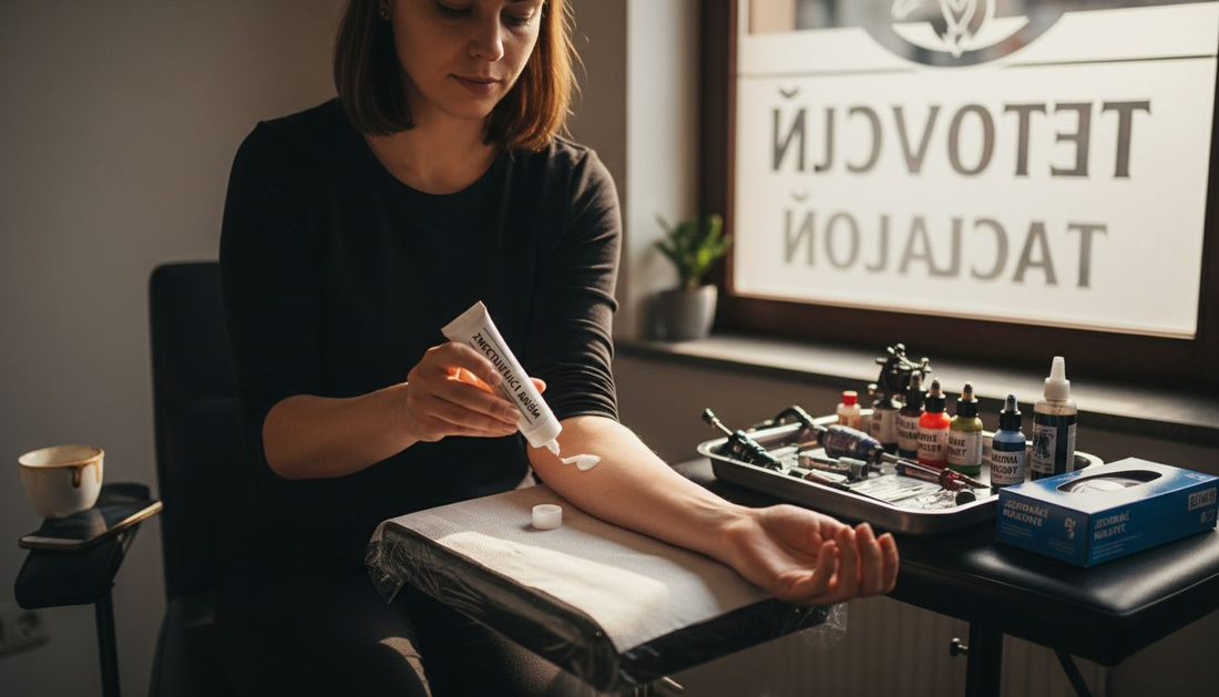 Žena si před tetováním nanáší znecitlivující krém, aby zmírnila bolest.