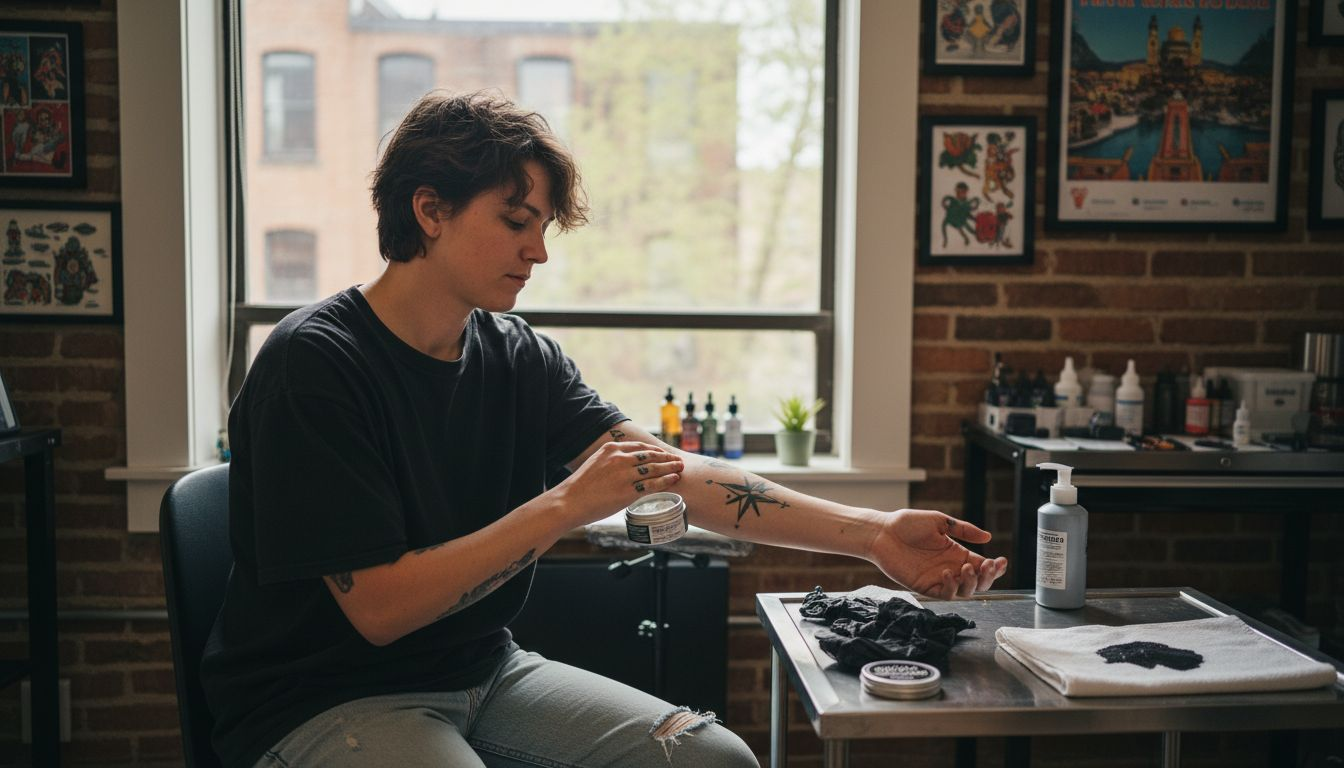 La tatuadora se dispone a preparar la zona de la piel antes de aplicar la anestesia.