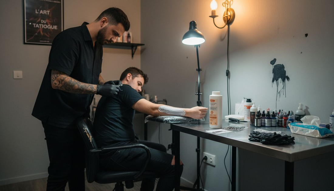 Un tatoueur prépare le bras du client en appliquant une crème anesthésiante avant de commencer le tatouage.