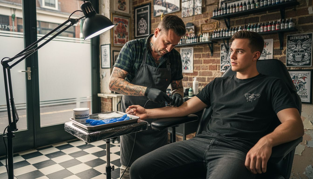 Een tatoeëerder bereidt zijn klant voor op een pijnloze tatoeagesessie.