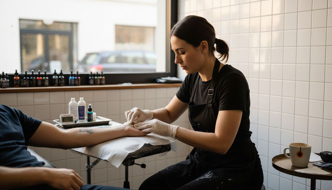 Tattoo artist applying numbing cream to client