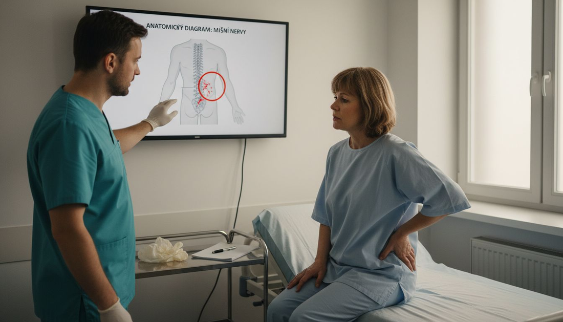 Lékař pacientovi srozumitelně vysvětluje, jak bude účinkovat anestezie.