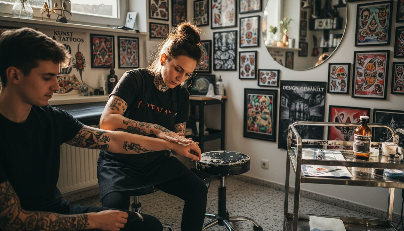 Der Tätowierer trägt eine betäubende Creme auf die Haut des Kunden auf, damit das Stechen weniger schmerzhaft ist.