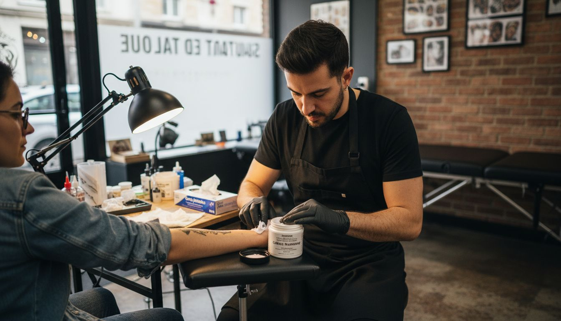 Le tatoueur applique une crème anesthésiante sur le bras de son client avant de commencer le tatouage.