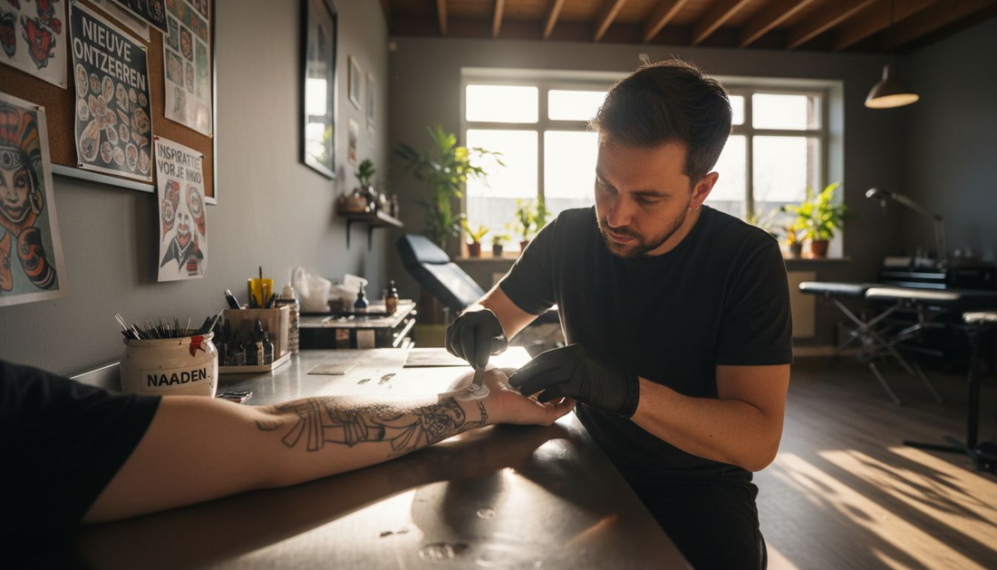 Voor de tattoo-sessie brengt de tatoeëerder eerst een verdovende crème aan op de huid.