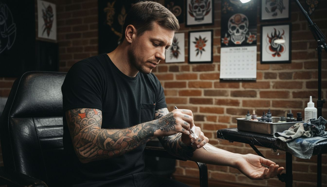 Tattoo artist applies numbing cream to client