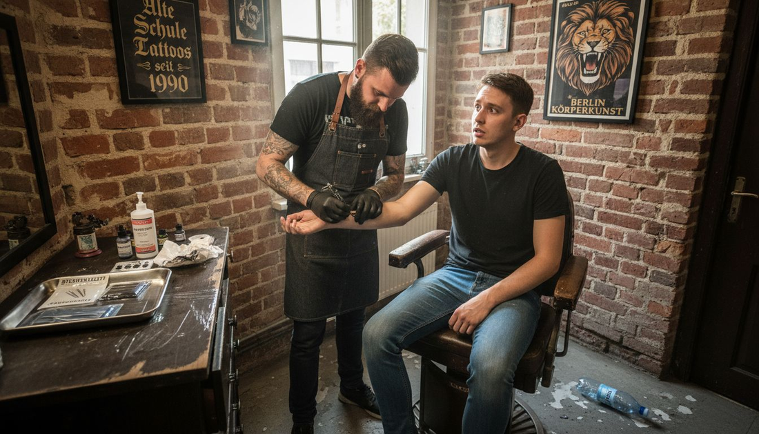 Ein Tätowierer bereitet seinen Kunden im Studio auf die Sitzung vor.