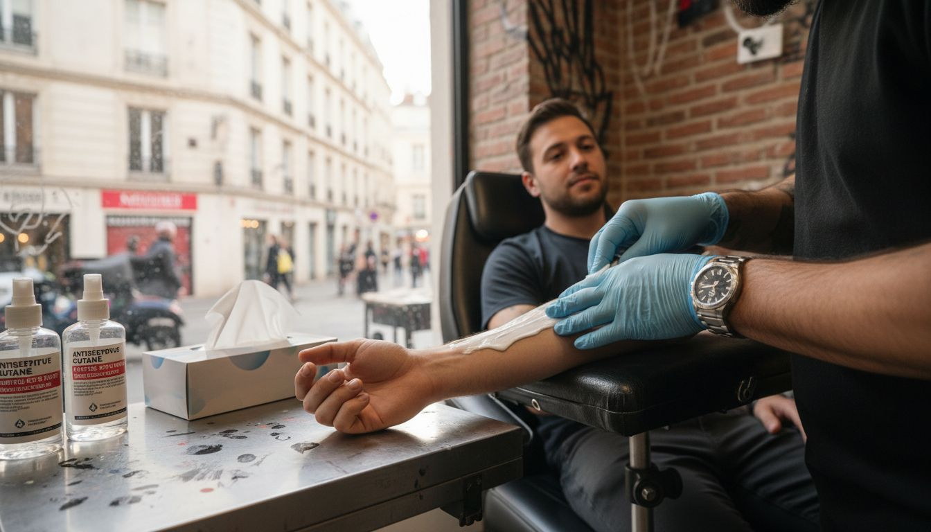 Le tatoueur prépare le bras du client en appliquant une crème anesthésiante avant de commencer le tatouage.
