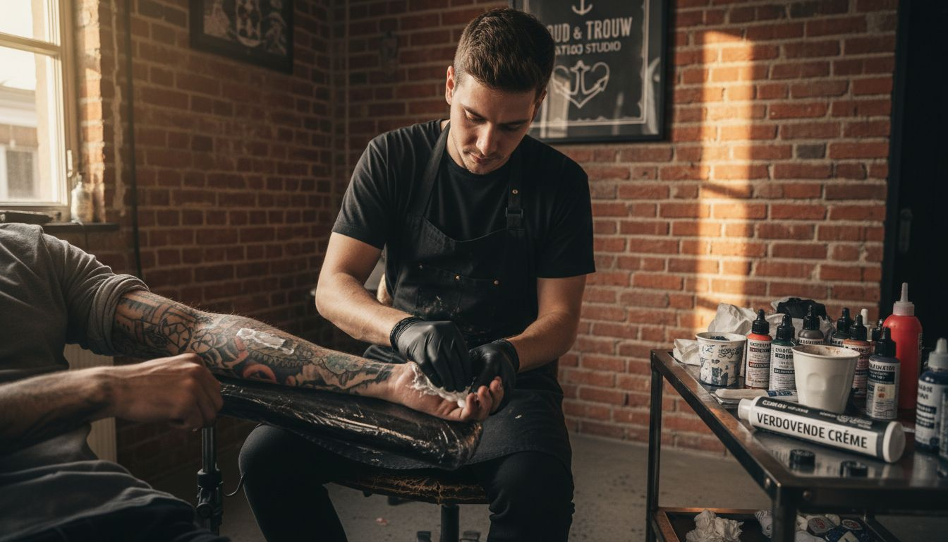 Een tatoeëerder brengt verdovende crème aan op de huid voordat hij begint met tatoeëren.