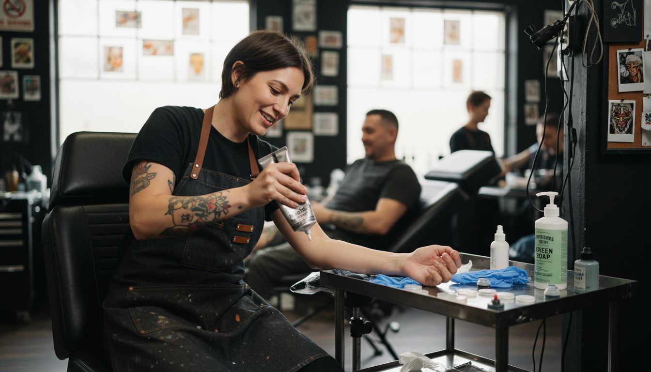 Tattoo artist applies numbing cream before session