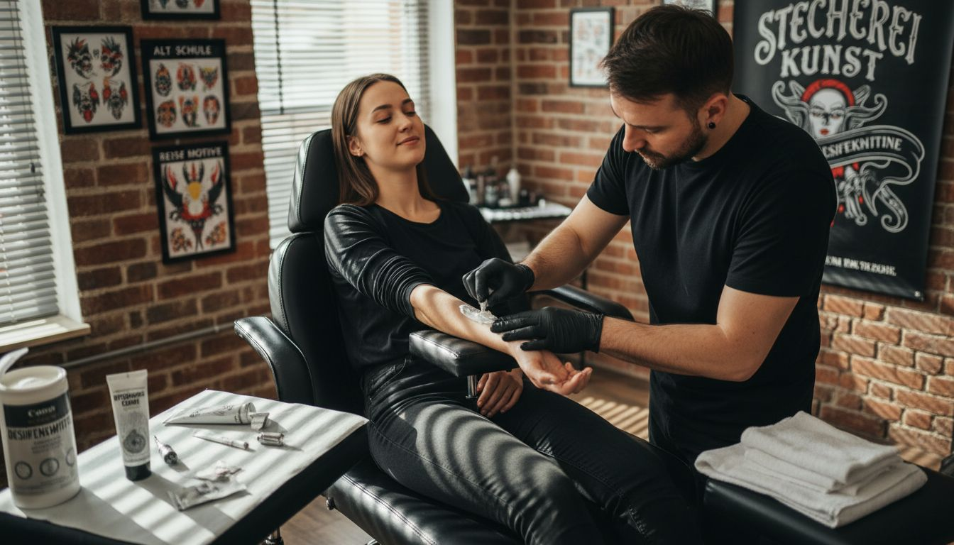 Der Tätowierer trägt eine betäubende Creme auf den Arm auf, um den Schmerz beim Stechen zu lindern.