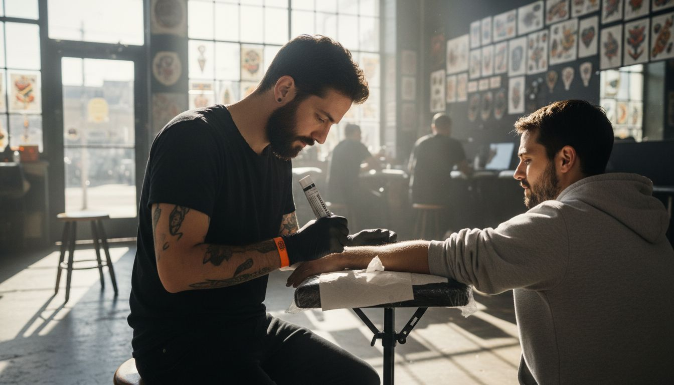 Tattoo artist applying numbing cream in studio
