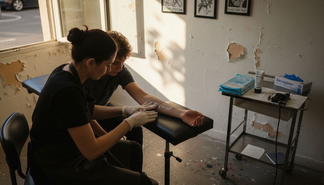 Ein Tätowierer trägt eine betäubende Creme auf die Haut seines Kunden auf, um das Schmerzempfinden beim Stechen zu reduzieren.