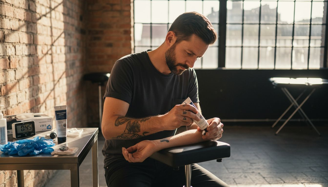 De tatoeëerder smeert verdovende crème op de arm.
