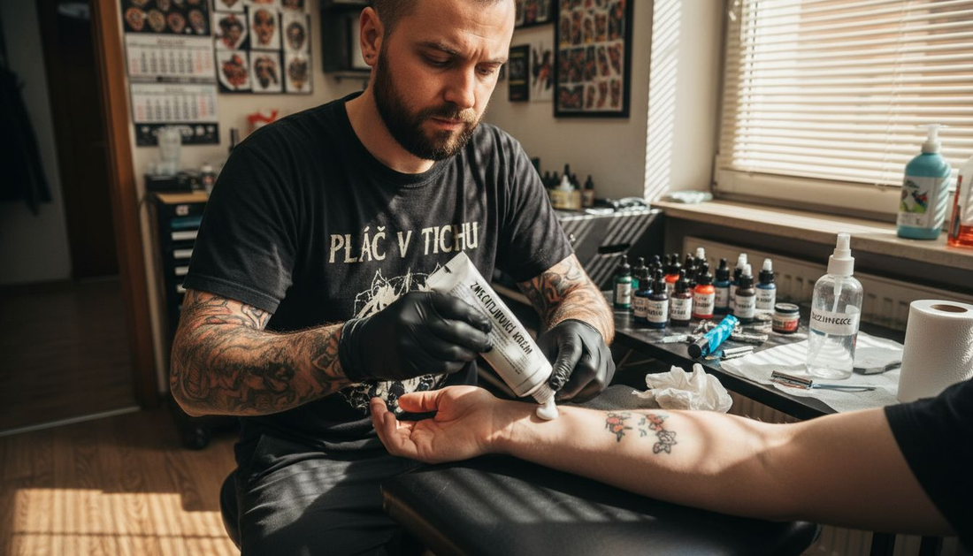 Tatér nanáší znecitlivující krém na ruku zákazníka.