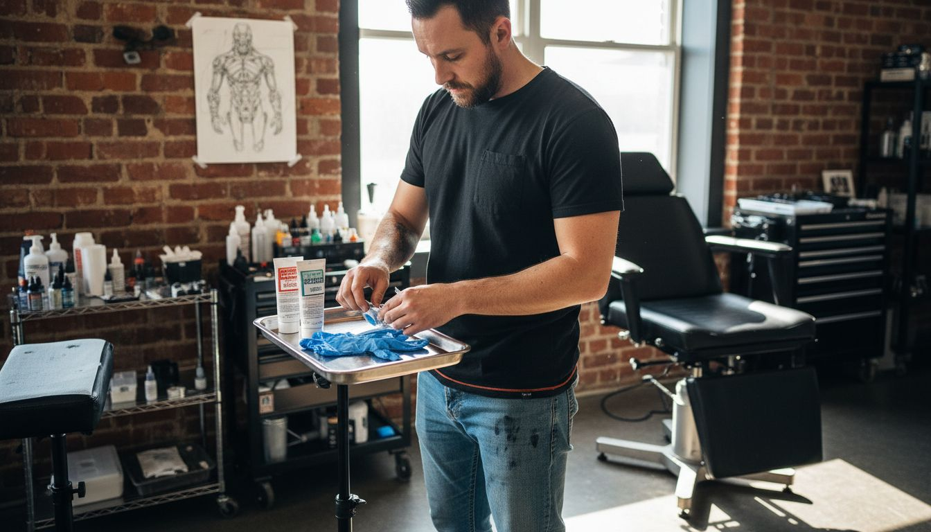 Tattoo artist prepares numbing cream in studio
