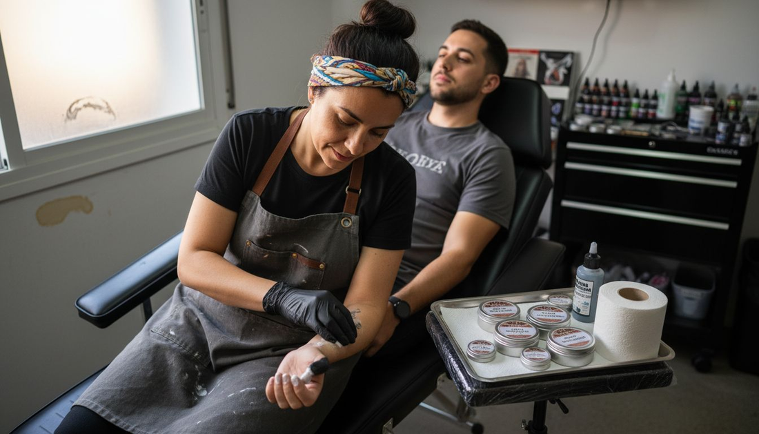 El tatuador aplica crema anestésica antes de comenzar la sesión en el estudio.