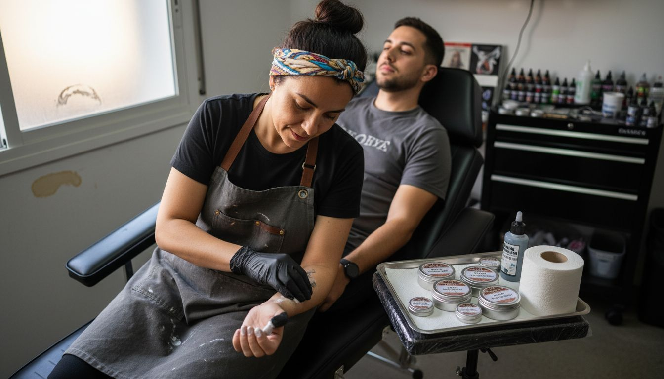 El tatuador aplica crema anestésica antes de comenzar la sesión en el estudio.