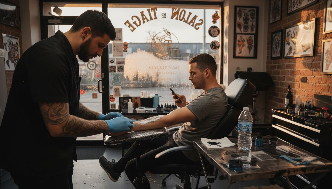 Un tatoueur applique une crème anesthésiante sur le bras de son client avant de commencer la séance.