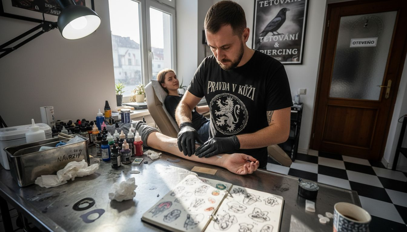 Tatér nanáší na paži znecitlivující krém.