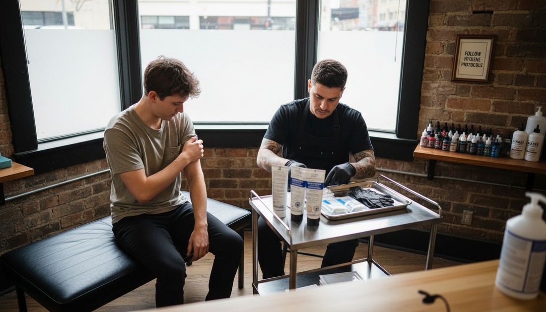 Tattoo customer and artist prepping numbing cream