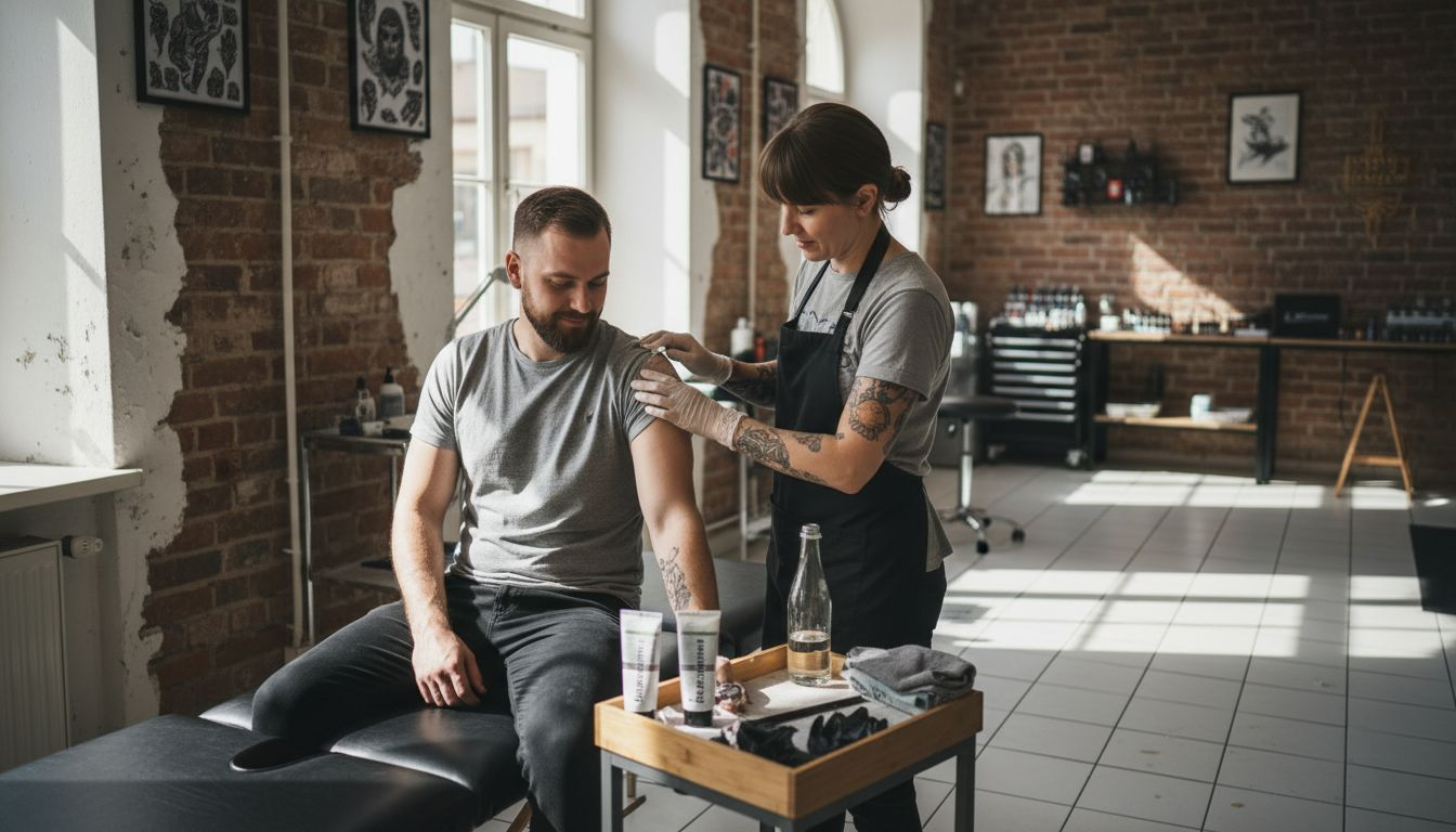 Im Tattoostudio trägt der Tätowierer eine betäubende Creme auf, um die Haut für die bevorstehende Sitzung vorzubereiten.