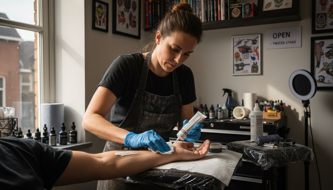 De tatoeëerder maakt de arm klaar om te verdoven.